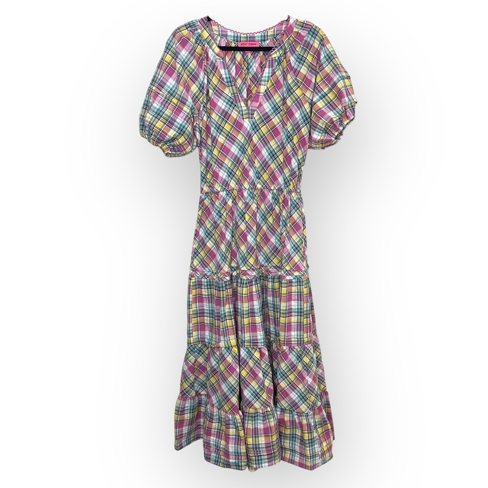 Betsey Johnson Pink Plaid Midi Dress Puff Sleeve Size M - Picture 3 of 15